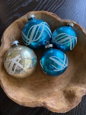 Vintage Shiny Brite Ornaments Set of 4 Aqua Blue Silver Atomic Mica Wave MCM USA